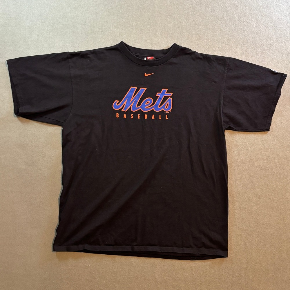 VTG Nike Team New York Mets Baseball T Shirt Mens XL Black Y2K MLB Center Swoosh